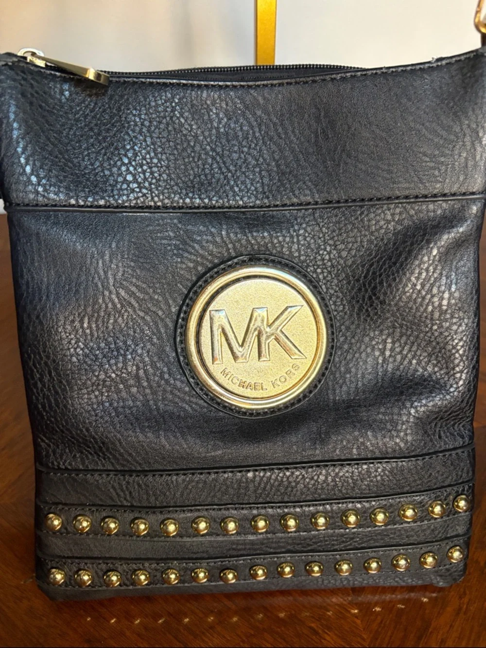 Michael Kors Black Leather Crossbody with Gold MK Medallion